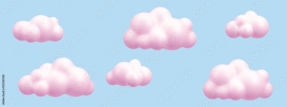 Poster Vector set of pink fluffy cartoon clouds floating in blue sky. Cute 3d render for nursery or ui design. Soft dream background.