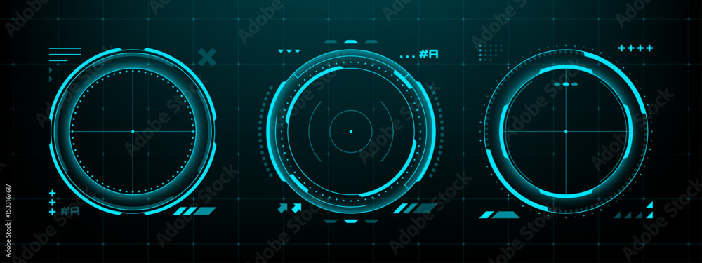 Poster Blue futuristic hud vector graphics with target symbol. Ai technology concept for virtual reality display or scifi game ui.
