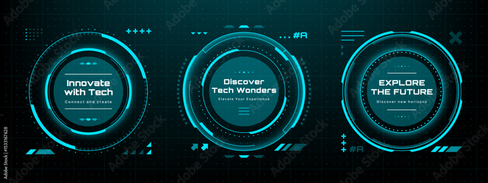 Poster Three futuristic circles with text on a dark grid background, head-up display vector graphics for web design.
