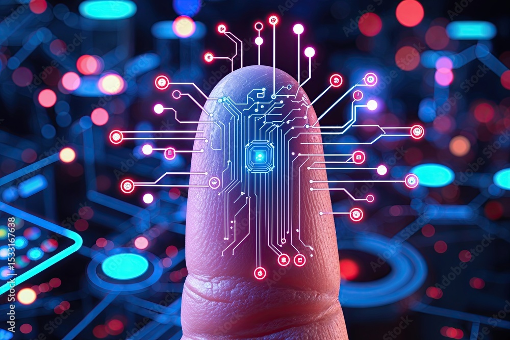 Poster cognitive circuit diagram on fingertip in a neon-hued technology world with data analytics