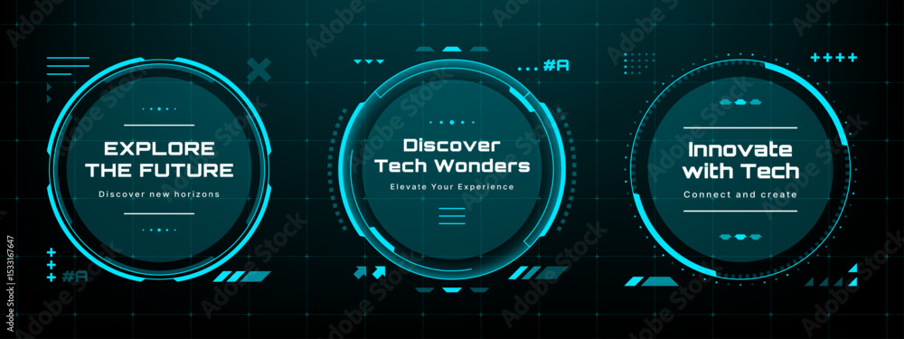Aufkleber Three cyber futuristic infographic circles with text. HUD vector graphics. Digital technology for business presentation design.