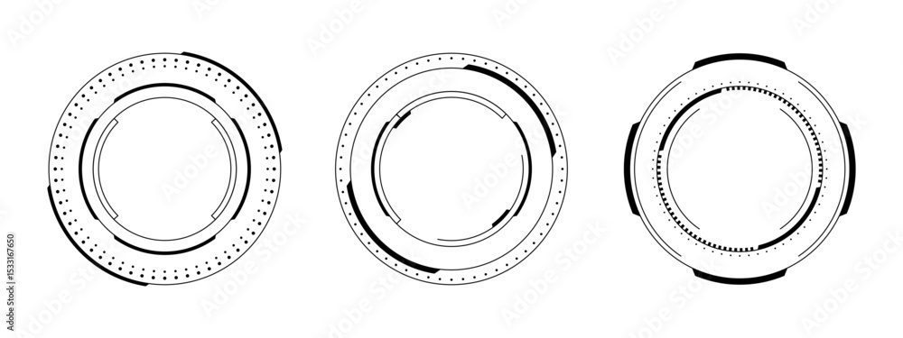 Poster Three futuristic hud vector graphics with circle loading bars and elements. Digital user interface design for sci fi display.