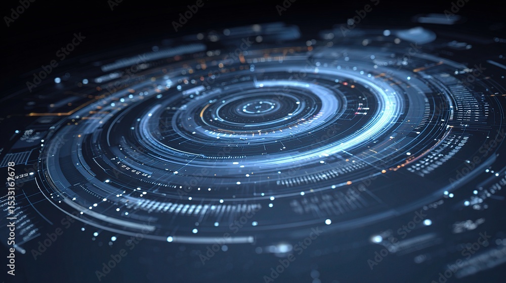 Poster futuristic 3d hud interface with rotating circles and radial design