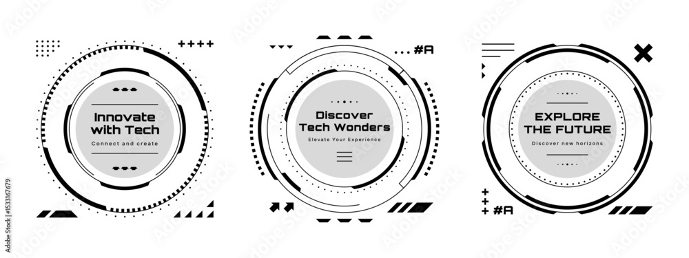 Poster Three hud vector graphics with futuristic abstract circles. Concept of innovation and technology exploration. Digital design for modern interfaces.
