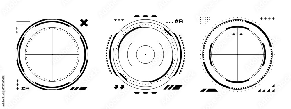 Poster Set of black and white heads up display elements. Futuristic aim and target interface design for gaming or technology concept.