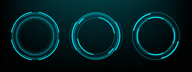 Set of three futuristic hud circles. Head up display vector graphics. Data interface elements for game ui.