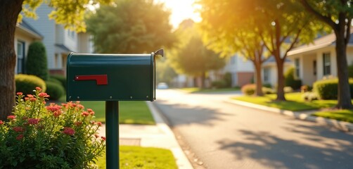 Sunny day scene of mailbox on suburban street. Green mailbox, red flag, green grass, trees. Residential neighborhood, mail delivery service. Summer, spring, postal, communication, postbox.