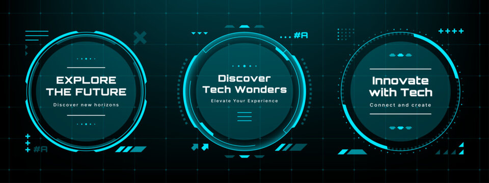 Three cyber futuristic infographic circles with text. HUD vector graphics. Digital technology for business presentation design.
