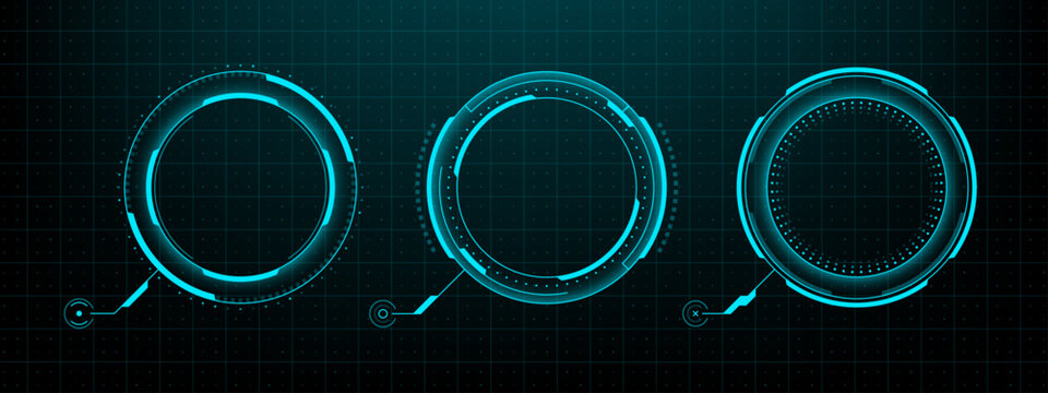 Three futuristic head up display vector graphic elements. High tech digital interface concept for cyber security and user experience.