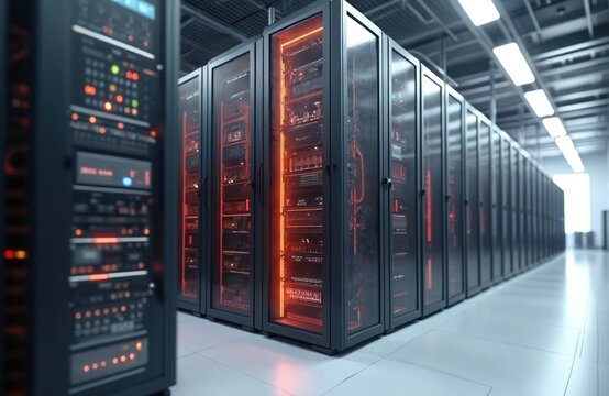 Modern data center, high-tech server racks, advanced cooling systems, state-of-the-art infrastructure, data storage, processing, information technology, hardware, networking. Digital age, cloud