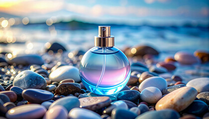 Luxurious round perfume bottle in blue and purple tones placed on beach stones with sea view and twilight light