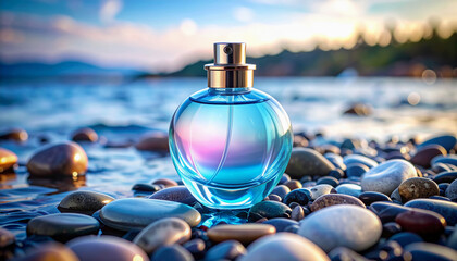 Round blue and purple perfume bottle on beach stones with sea background and sunset light