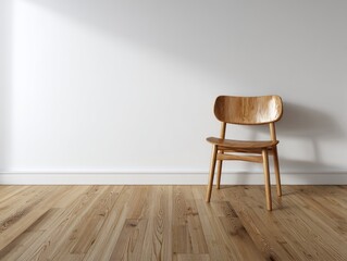 Light-wood chair sits on light-wood floor against a white wall, sunlit