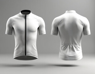 White cycling jersey mockup front back view. Sport t-shirt design template. Blank bike apparel for biking and cycling. Realistic outfit uniform for road races.