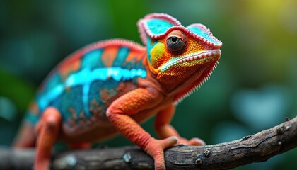 Vibrant, colorful chameleon perched branch. Exotic reptile has blue, red, orange yellow scales. Nature wildlife animal in tropical habitat, closeup macro photography.