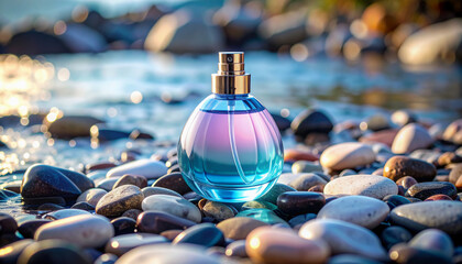 Round perfume bottle in blue and purple hues on beach stones with sparkling sea view and romantic twilight atmosphere