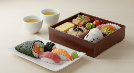 Artistic Japanese Cuisine Arrangement – Sushi, Onigiri, Temaki, and Bento Box with Green Tea in Traditional Teacups and Plates, Showcasing Culinary Elegance and Culture