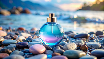 Elegant round perfume bottle on beach stones with sunset sea and romantic bokeh background