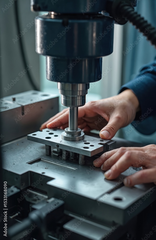 Poster technician operates cnc machine. manufacturing metal part. precision engineering process. metalworki