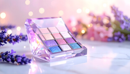 Pastel eyeshadow palette on marble with roses and sparkles in soft romantic lighting for elegant beauty scene