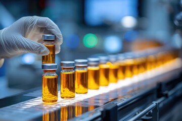 Gloved hand places amber vial onto a production line of identical vials, in a sterile, industrial setting