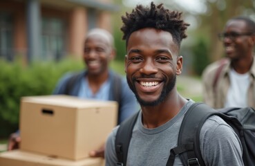 Happy african-american student moves to dorm with parents. Cheerful black man smiles at camera. Family carries cardboard boxes. College, university life, relocation, moving in.