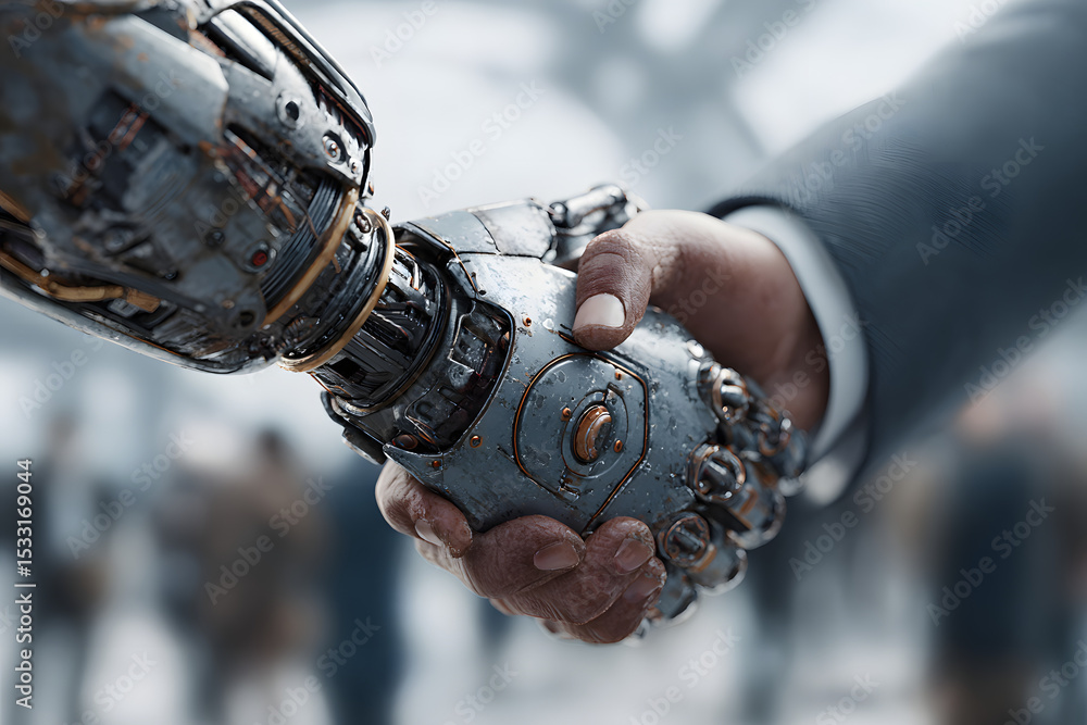 Poster human and robot handshake symbolizing ai partnership and technological collaboration in a futuristic