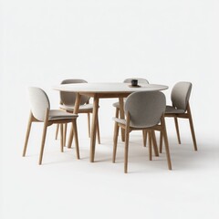 A round wooden dining table with four light-grey upholstered chairs on tapered legs, set against a white backdrop