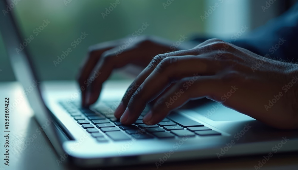 Poster Black man typing on laptop keyboard. Hands touch keys. Working in office or home. Modern tech computer. Online business and digital work. Close-up view. Freelance job.