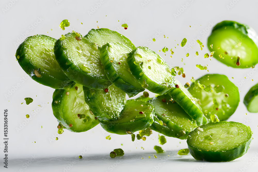 Poster Isolated falling pickled cucumber slices captured on a clean white surface.