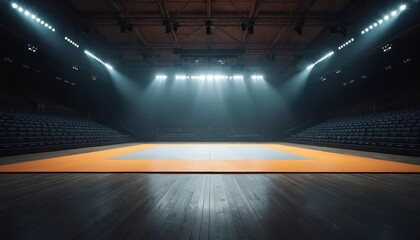 Empty judo stadium interior. Brightly lit central mat area contrasts with darkened stands. Arena with no audience, wooden floor, powerful lighting. Perfect for sports events, martial arts