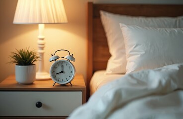 Cozy bedroom scene, classic white alarm clock stands on bedside table. Soft bed with white sheets, pillows. Peaceful ambient lighting from bedside lamp. Minimalistic home interior, restful morning.