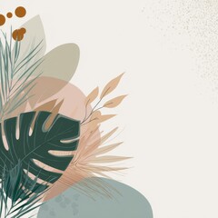 Abstract corner design featuring tropical leaves, muted earth tones, and organic shapes on a white background