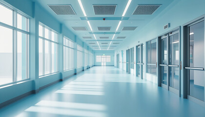 Bright modern corridor with light blue walls, glass doors, and structured natural illumination