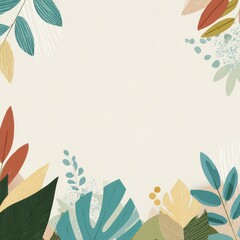 A minimalist off-white background framed by stylized foliage in muted teal, terracotta, and beige tones