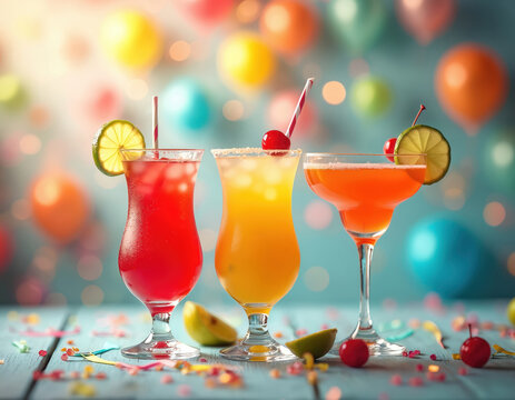 Illustration features vibrant cocktails with carnival decorations, bokeh lights background. Drinks include fruits, ice, cherry, lime, straws. Party, celebration, holiday atmosphere, masquerade