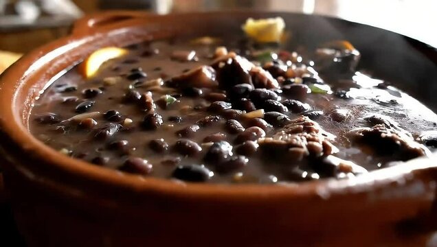 Close-up of a steaming pot of Brazilian feijoada with a lid on a wooden table in a rustic kitchen. 4K UHD video.