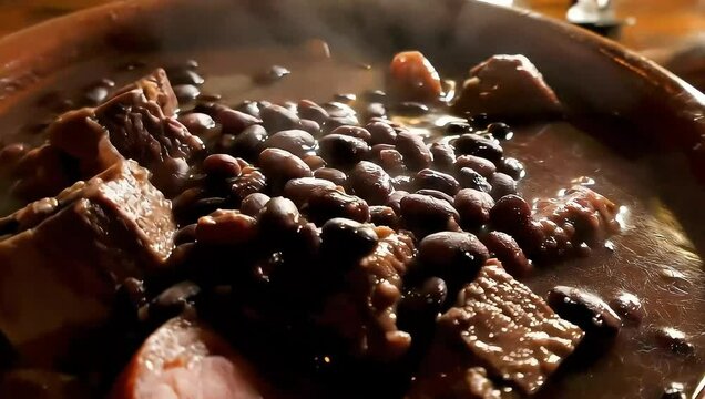 Close-up of a delicious Brazilian feijoada with pork meat in a rustic bowl, steaming hot. 4K UHD video.