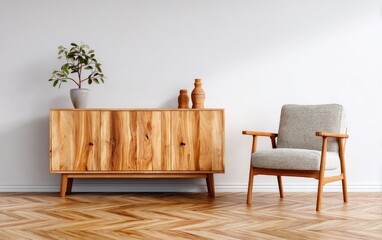 Light wood sideboard and armchair against a white wall, in a room with herringbone hardwood floors, complemented by a small potted plant and decorative vessels