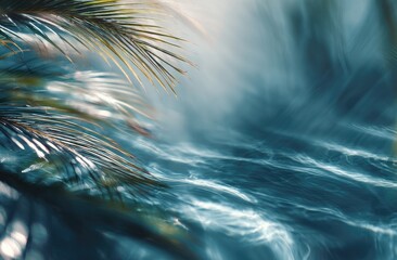 Dreamy teal water reflects blurred palm fronds, sunlight gleaming on rippling surface, creating an ethereal, tropical scene