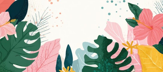 Vibrant tropical leaves and hibiscus flowers frame a white background with scattered dots; a stylized, illustrative design