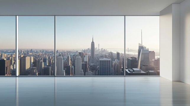 Fototapeta Modern high-rise skyline seen through a large window. Empty white-walled interior, ideal for design mockups, real estate marketing, or urban lifestyle concepts