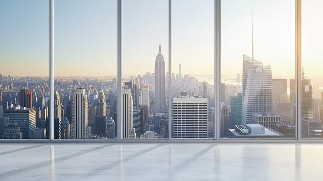 Fototapeta Modern high-rise skyline seen through a large window. Empty white-walled interior, ideal for design mockups, real estate marketing, or urban lifestyle concepts