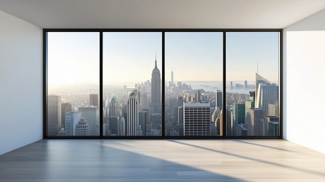 Fototapeta Modern high-rise skyline seen through a large window. Empty white-walled interior, ideal for design mockups, real estate marketing, or urban lifestyle concepts