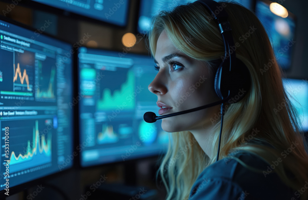 Aufkleber young woman pro with headset monitors data, statistics on computer screens at workplace. female tech