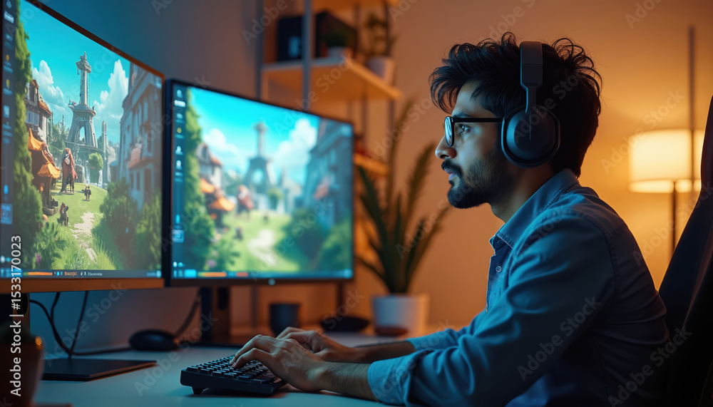 Aufkleber Indian game designer using computer. Man working on game design, wears glasses headphones. Game developer coding, using keyboard. Monitor screen showing game design project, technology concept. Cozy