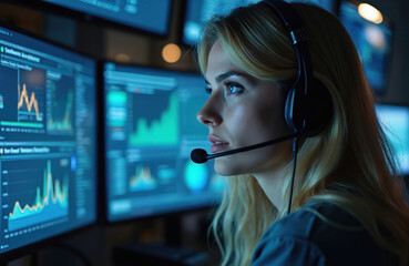 Young woman pro with headset monitors data, statistics on computer screens at workplace. Female tech support expert, specialist solves customer problems using software, hardware tools. Information