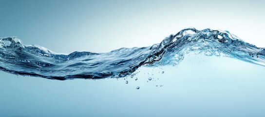 Crystal-clear water wave with air bubbles, flowing smoothly against a light blue backdrop