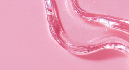 Pink background with two translucent, wavy, glossy streams of clear gel, speckled with light
