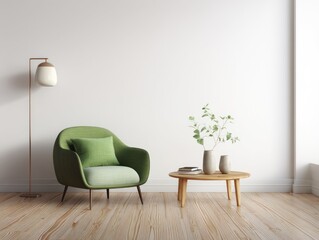 Minimalist room featuring a sage green armchair, a small wooden side table with a vase and books, and a floor lamp against a white wall